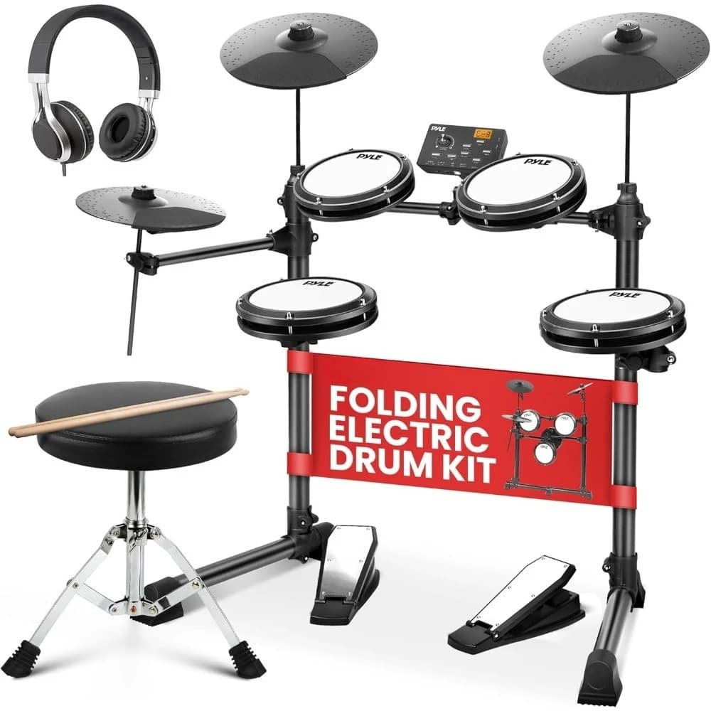 Set Batteria Elettronica con 4 Pad in Mesh Silenziosi, 180 Stili Sonori, 3 Piatti, 2 Pedali, Sgabello, Cuffie, Bacchette, AUX, USB, MIDI