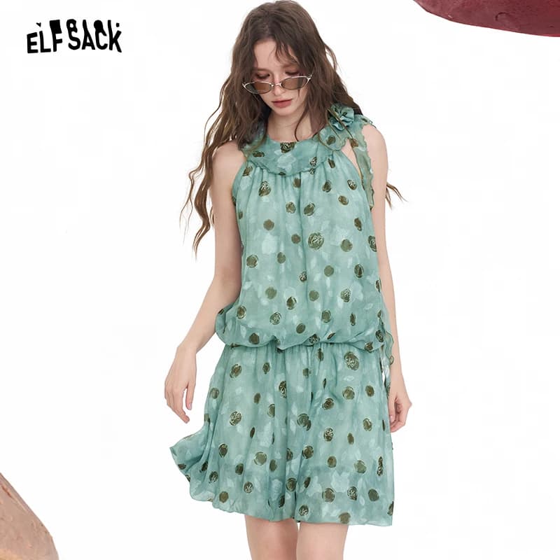 ELFSACK Abito da donna verde menta a pois con scollo all'americana, collo con volant e nastro rosa, vestito estivo casual in tessuto con elastico in vita