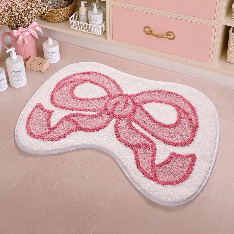 CODROK Cute Cartoon Pink Bow Pattern Irregular Shape Rug Bathroom Anti-Slip Tufted Carpet Decor Kids Bedroom Rugs