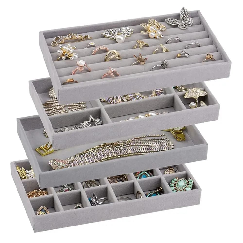 Scatola portaoggetti impilabile per gioielli in velluto Vassoio espositore per collane in velluto Organizzatori per orecchini Bracciale Anello Collana