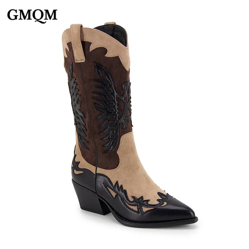 GMQM 2025 Women's Mid Calf Boot Embroidered Western Cowboy Vintage Black Brown Pointed Toe Zipper Chunky Heel Black Brown Boots