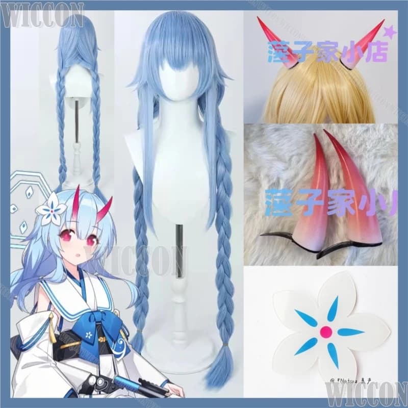 Waraku Chise Game Blue Cosplay Archives Blue Double Horsetail Wig 120 CM/150 CM Pink Horn Flower Hairclip Prop Halloween Comic With