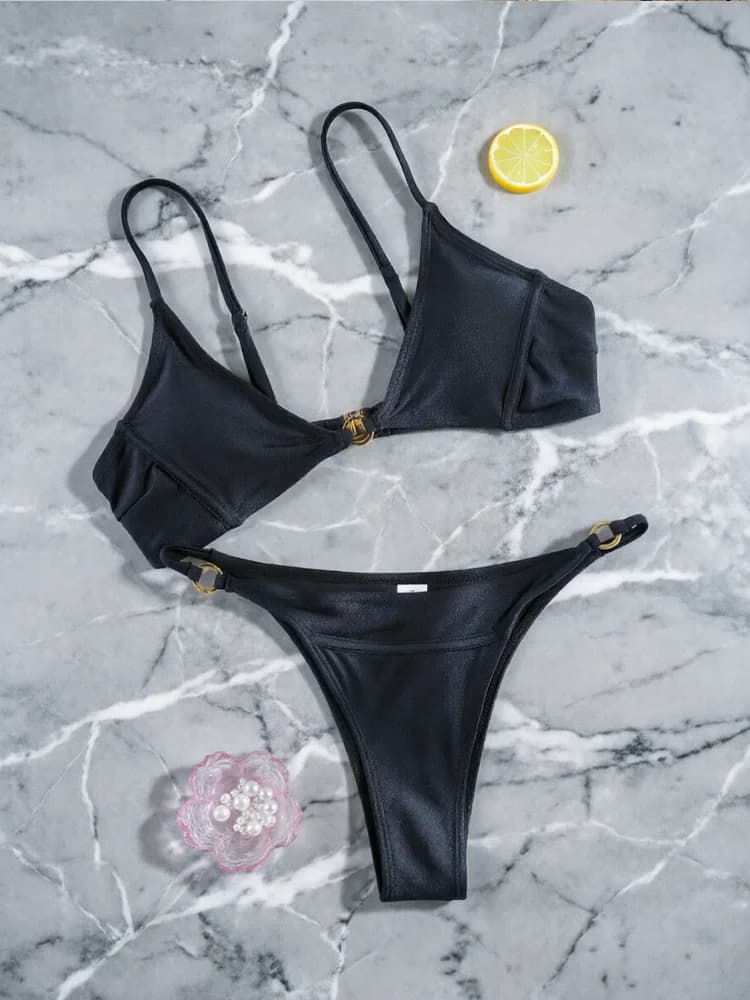 Rinade Black Solid Bikinis Push Up Bikini String Swimsuit High Cut Swimwear Sexy Swimsuits Two-Piece Bathing Suit
