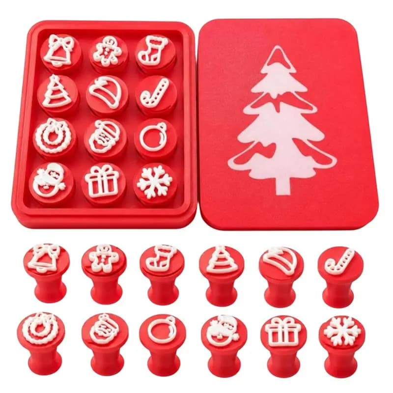 PHFU-Christmas Pattern Clay Embossing Stamps(12Pcs)- Pottery& Play Dough Tools With Storage Case For Holiday DIY Crafts