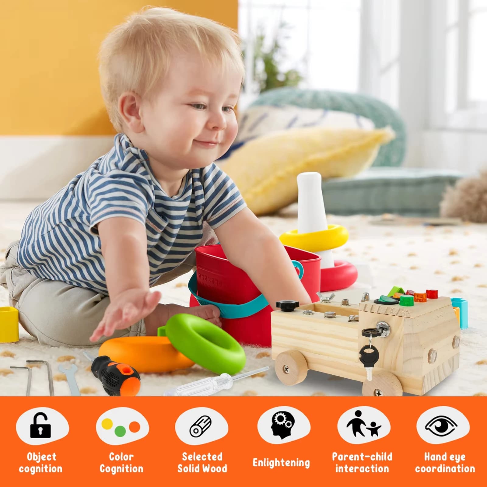 Tavola delle Attività Montessori in Legno per Bambini 2-4 Anni, Gioco Educativo Precoce, Giocattolo Sensoriale, Scatola di Controllo con Interruttori, Gioco con Viti e Carrello