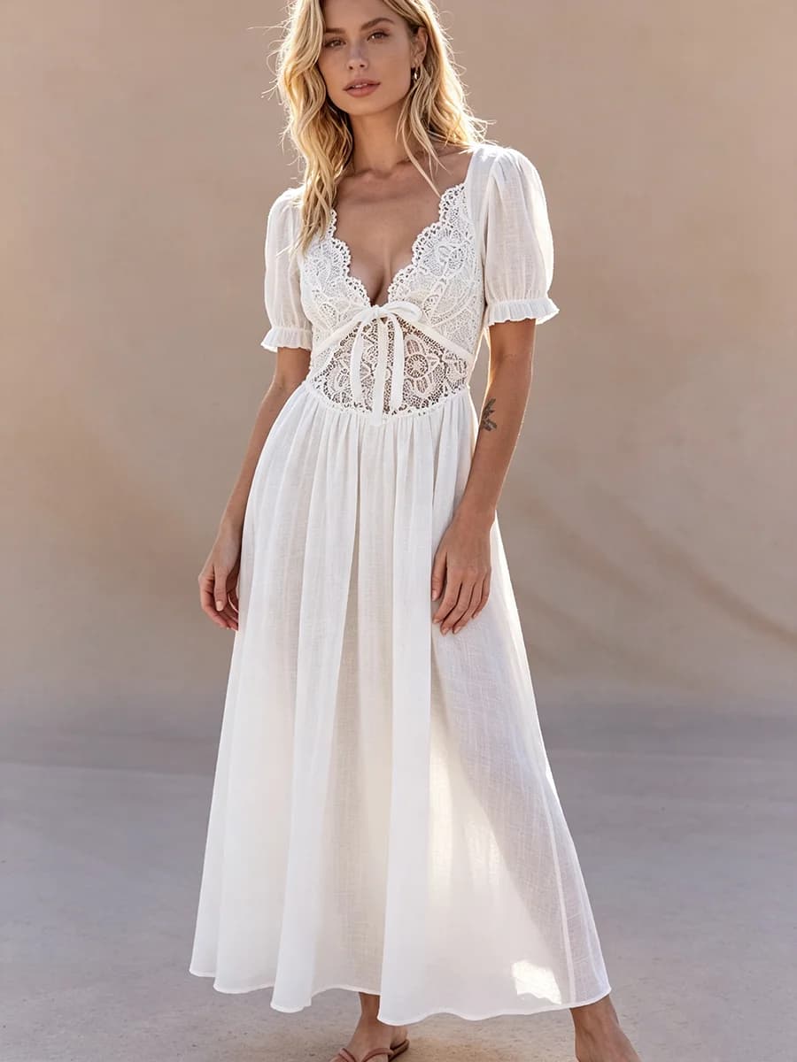 French Bohemian Vacation Crochet Lace Maxi Dress Puff Sleeve Deep V Neck Open Tie Back Flowy White Vintage Summer Ladies Dress