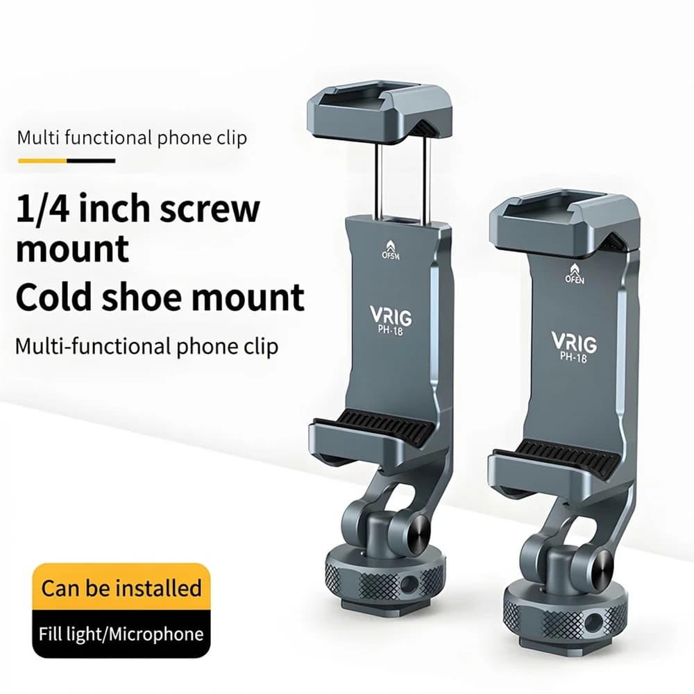 VRIG Metal Phone Holder with Cold Shoe & 1/4"-20 Screw 360° Rotation Smartphone Holder Tripod Mount Adapter for iPhone Samsung