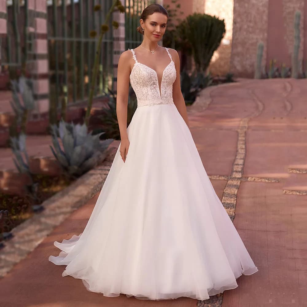 Abito da Sposa 2026 Pezzi da Donna con Spalline Sottili, Personalizzabile, Scollo a V, Applicazioni in Pizzo, Linea ad A, Schiena Scoperta