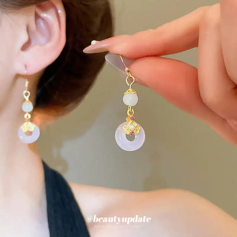 Elegant Pendant Peace in Chalcedon with Diamonds and Nappa, New Chinese Style, National Fashion Earrings, Elegant and Versatile