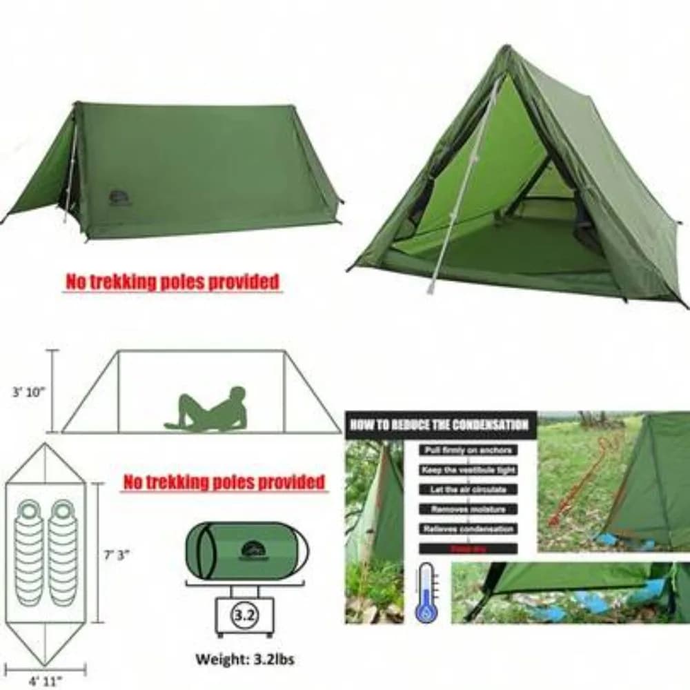 2 Person Trekking Pole Tent Ultralight A Frame Backpacking Tent Without Poles Waterproof Rainfly Lightweight 3.2 Lbs 3 Season Outdoor Hiking Shelter for Bikepacking Wild Camping Easy Setup Compact Portable