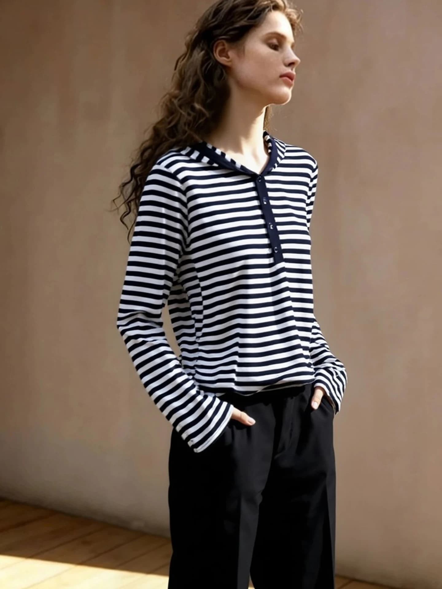 Classic Striped Hoodie T-Shirt Soft Long Sleeve Casual Style Spring Korean Version Lazy Fashion Top Women's plus Size Base Shirt