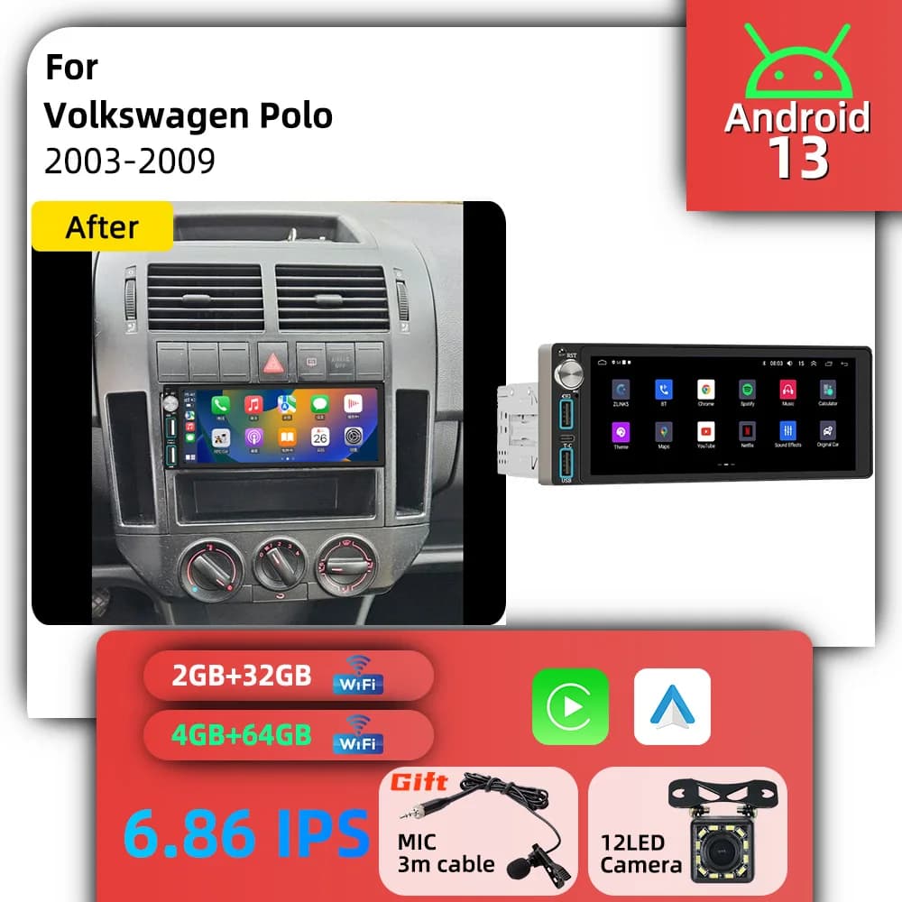 Android 1Din Car Multimedia 6.86 inch Car Stereo Screen for VW Volkswagen Polo 2003-2009 Carplay GPS Autoradio Radio Head Unit