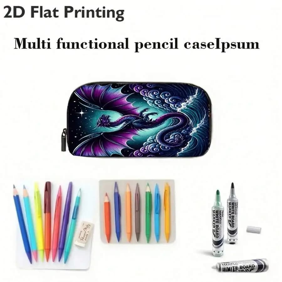 Fantasy Dragon Print Pencil Case With Zipper, Multi Functional Stationery Organizer For Adults