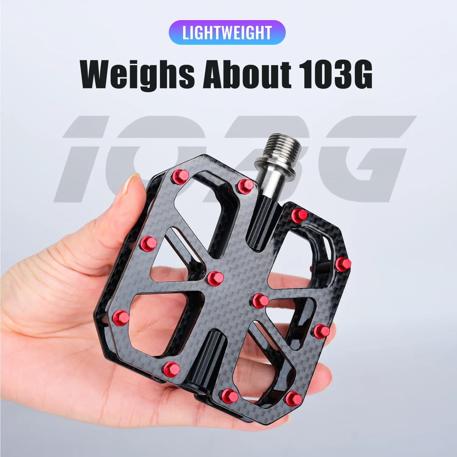 NANLIO Ultralight Road Bike Pedals and MTB Carbon Fiber with Titanium Axle, 206 g/park, 3 bearings, includes 48 red anti-slip pins