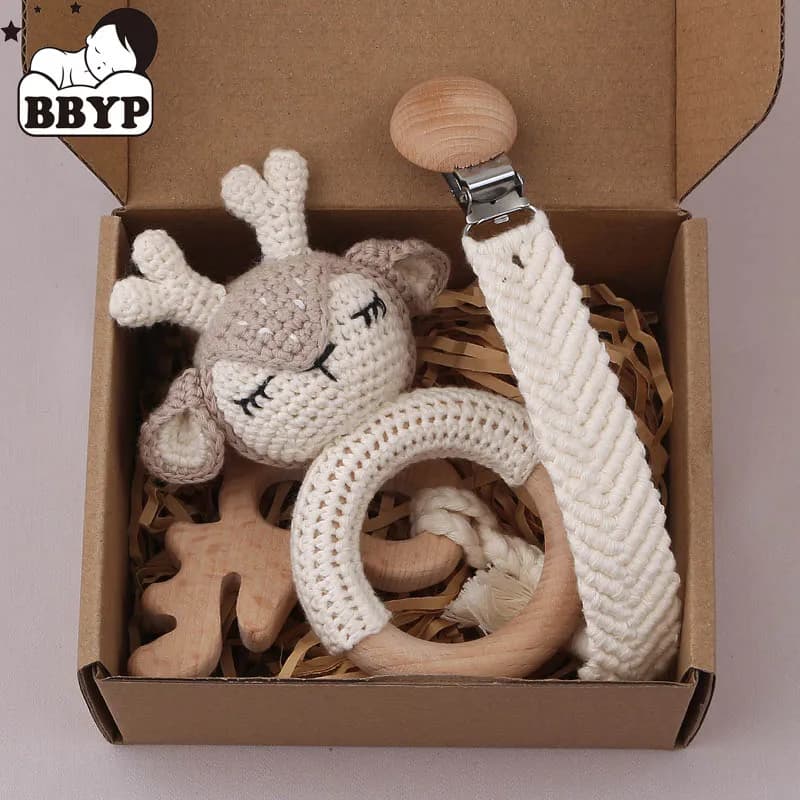 Set di Giocattoli per Neonati: Sonaglio all'Uncinetto a Forma di Elefante, Giocattoli Morbidi, Spazzola in Lana e Cotone per la Dentizione, Scatola Regalo, Set di Giocattoli da Bagno