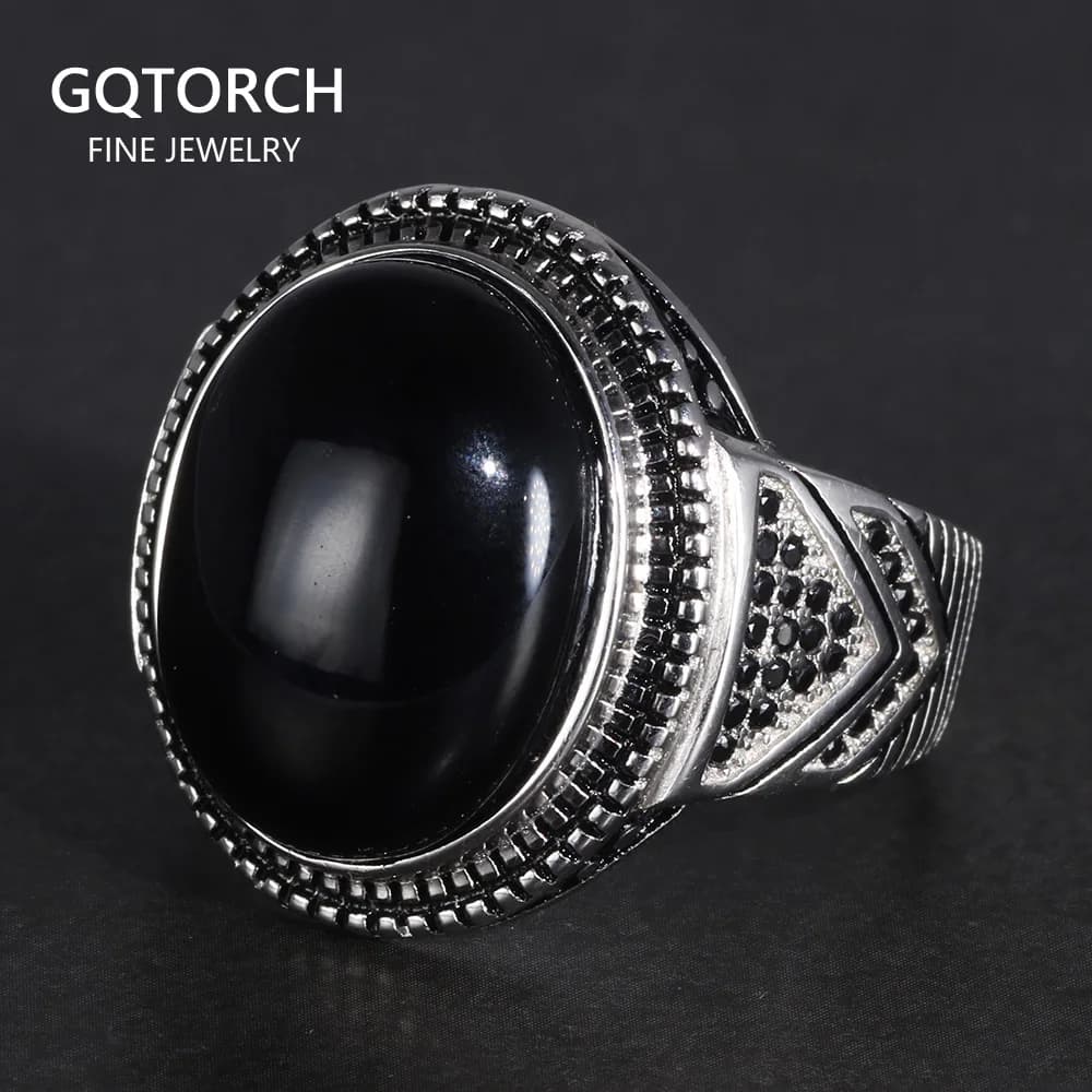 Real Pure 925 Silver Rings Cool Antique Turkey Ring For Men With Natural Stone Oval Black Onyx Turkish Jewellery Anelli Uomo