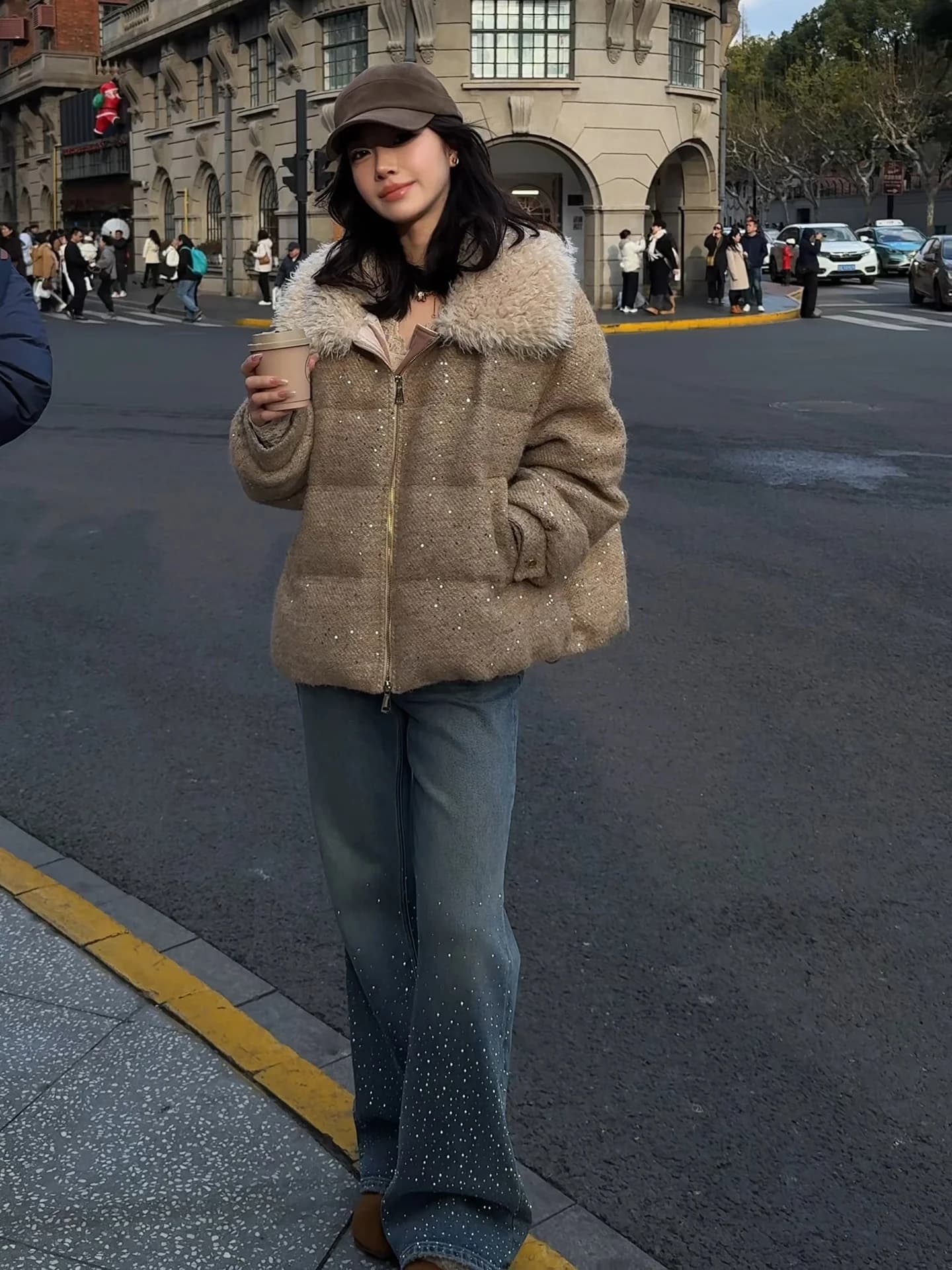 Jeans a Zampa d'Elefante Caldi e Resistenti con Strass, Foderati in Pile, a Vita Alta, Modellanti, in Cotone Elasticizzato, Casual, a Gamba Dritta