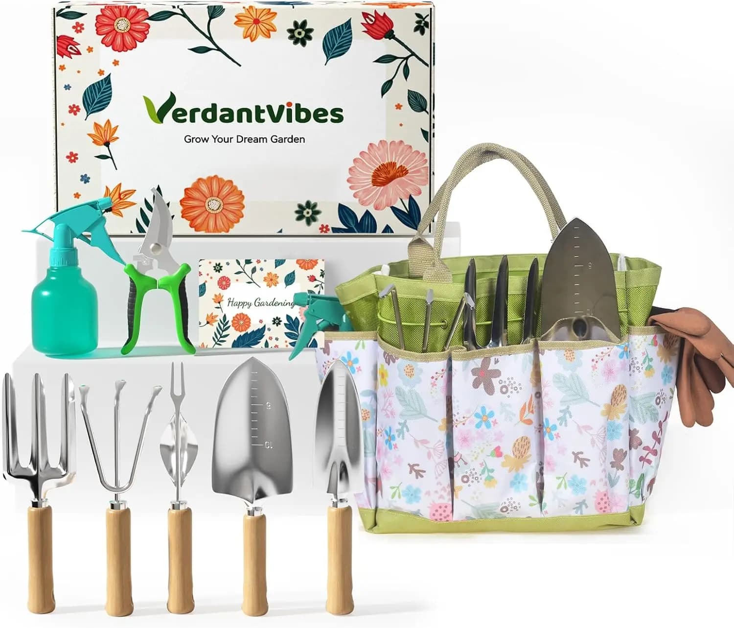 Set di 9 Attrezzi da Giardinaggio Resistenti con Borsa Floreale, Kit in Acciaio Inossidabile per Donne