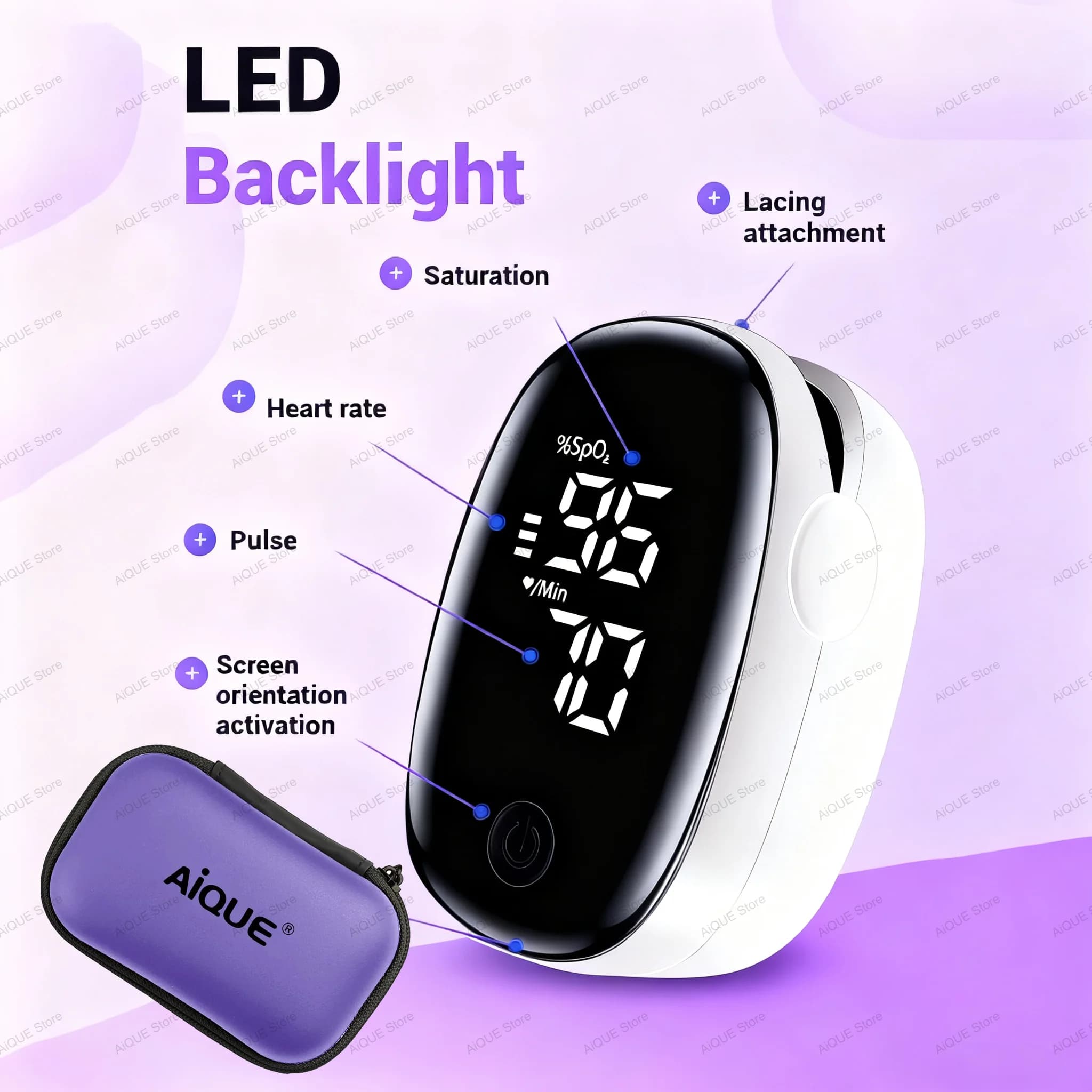 JUSTLANG Finger Pulse Oxymeter with Case Portable 4 Color Blood Oxygen Saturation Monitor LED Display SPO2 finger Pulse Oxygen