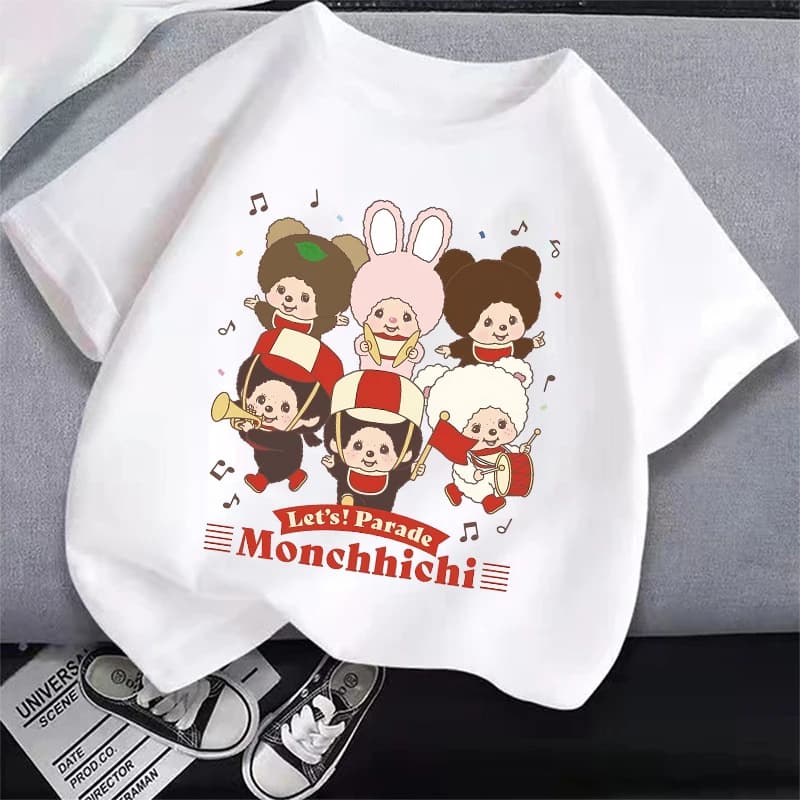 MONCHHICHI Short Sleeved T-shirt for girl, cotton with cartoon print, casual summer t-shirt, top anime, kawaii clothing for children, gifts