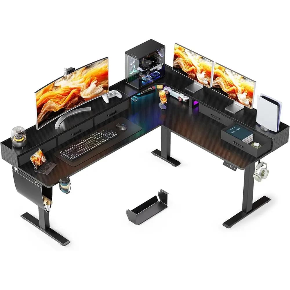 Scrivania a L Regolabile in Altezza da 75 Pollici con 5 Cassetti e Ripiano per Monitor, Tavolo Elettrico per Computer da Ufficio e Casa