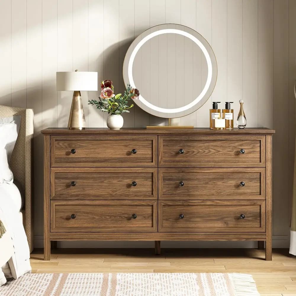 Cassettiera in Noce con 6 Cassetti per Camera da Letto, Cassettiera in Legno Naturale Moderna con Maniglie e Gambe in Legno Massello, Ampio Spazio di Archiviazione