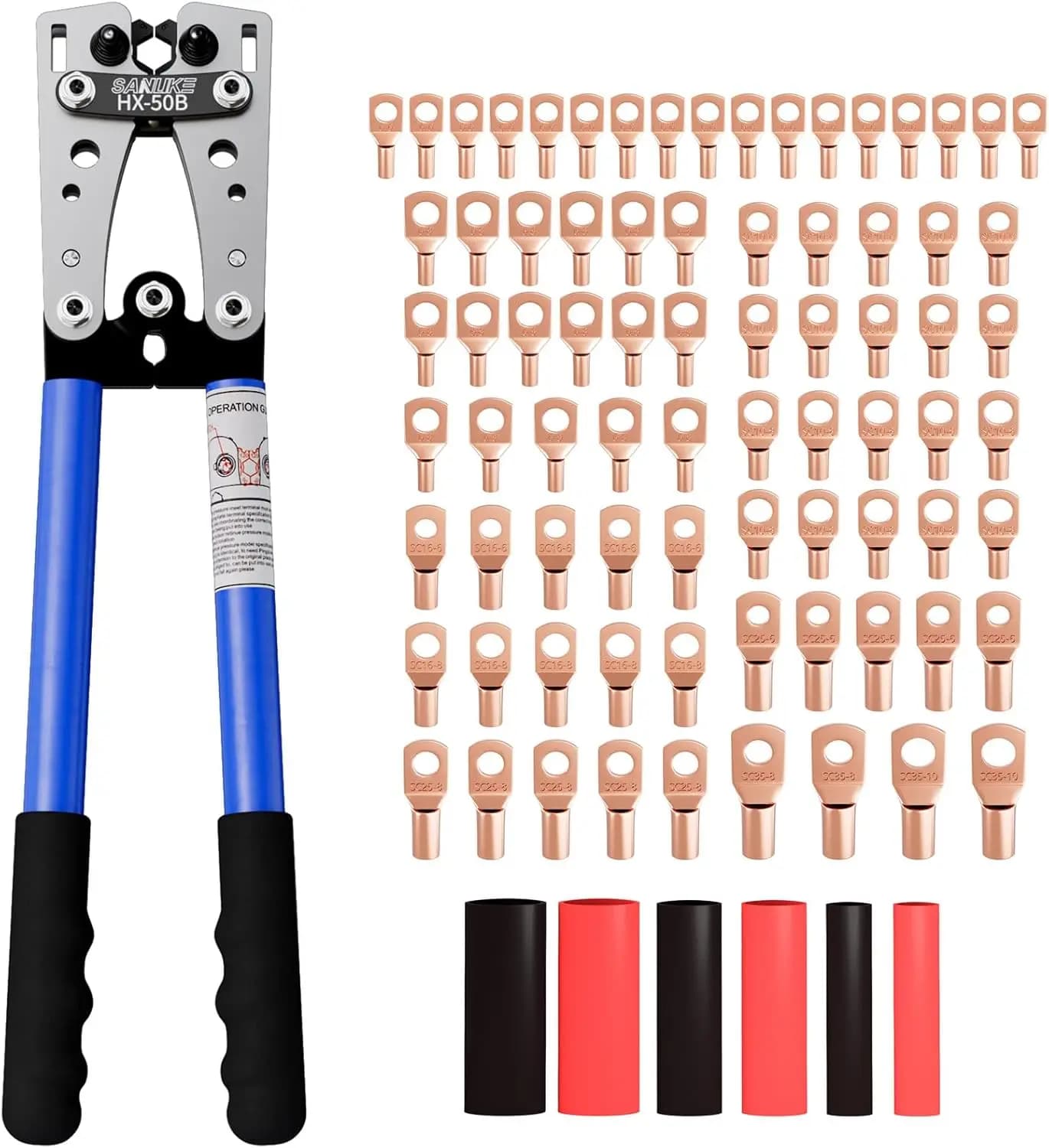 Set Professionale di Utensili per Crimpatura Cavi Batteria AWG10-1/0, Include 78 Terminali in Rame e 110 Guaine Termorestringenti