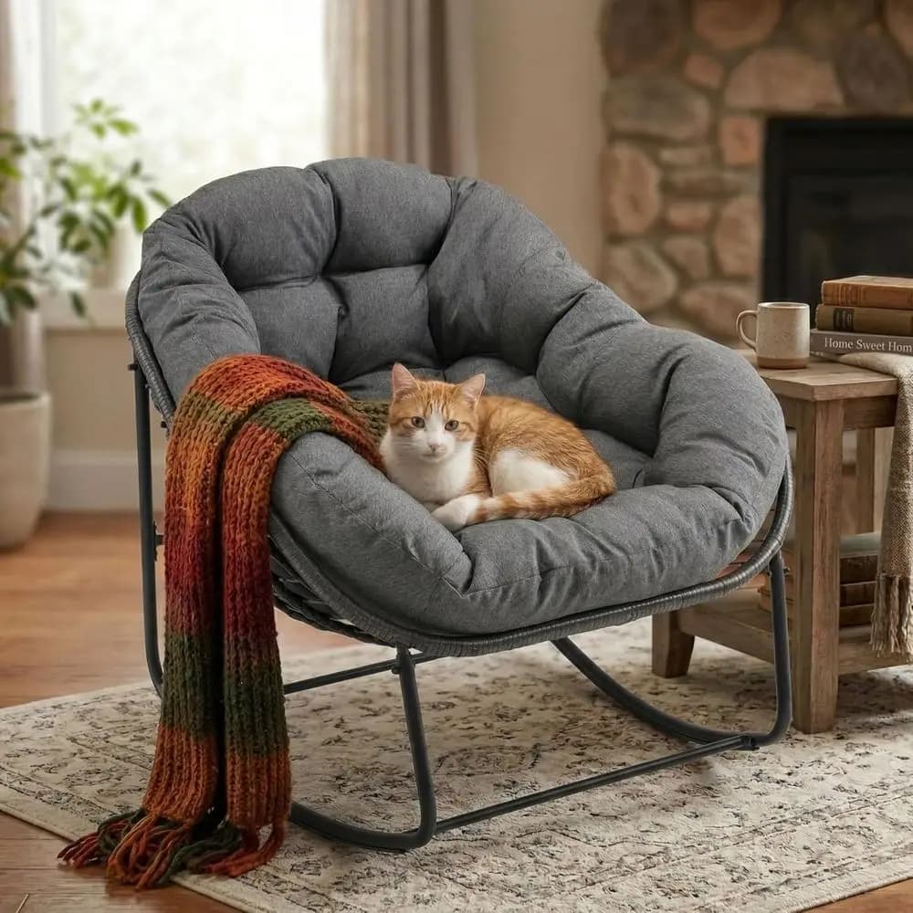 Sedia a dondolo a forma di uovo con cuscino spesso, Papasan da interno/esterno, Poltrona a dondolo in vimini di rattan per camera da letto, soggiorno, veranda