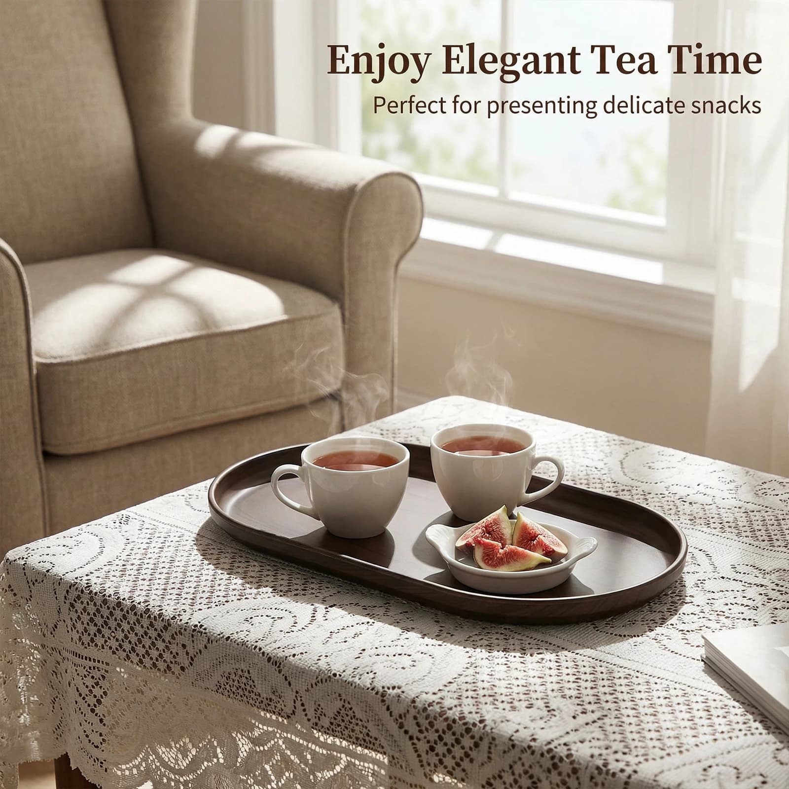 Oval Plastic Tray Set, Imitation Wood Grain, Modern Style, Reusable Tray for Dim Sum & Tea Cups