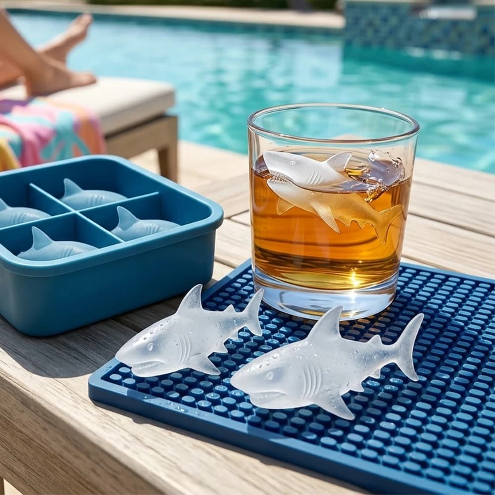 Divertente vassoio per cubetti di ghiaccio in silicone a forma di squalo 3D, stampo creativo per uso alimentare, per cocktail, bevande, accessori per bar, forma realistica di squalo