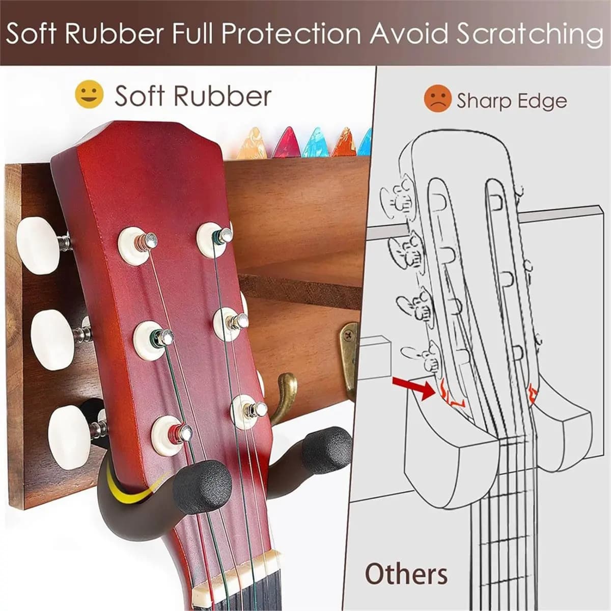 (LBER) Supporto da parete per chitarra con gancio girevole, appendi-chitarra in legno con mensola e porta plettri, supporto da parete per chitarra acustica