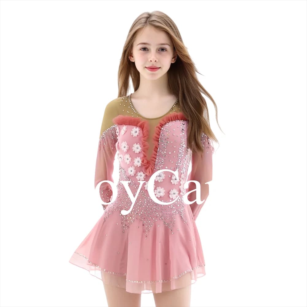 JoyCan Kids Abito da ballo per pattinaggio su ghiaccio a maniche lunghe con strass lucidi Cheer Mesh per ragazze