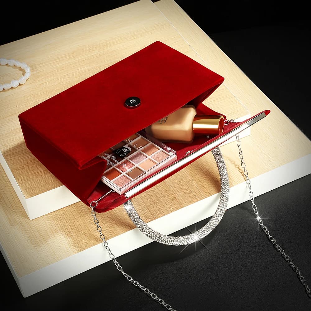 Nuova borsa a mano tempestata di diamanti in velluto rosso vino per feste serali da donna elegante ed elegante piccola piazza decorata in metallo