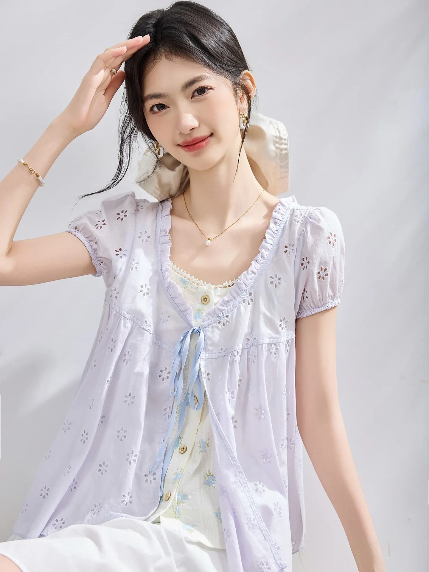 Retro Plaid Ruffle Sleeve Short Sleeve Shirt Women Summer Design Bubble Sleeve Top Button round Neck Regular Length