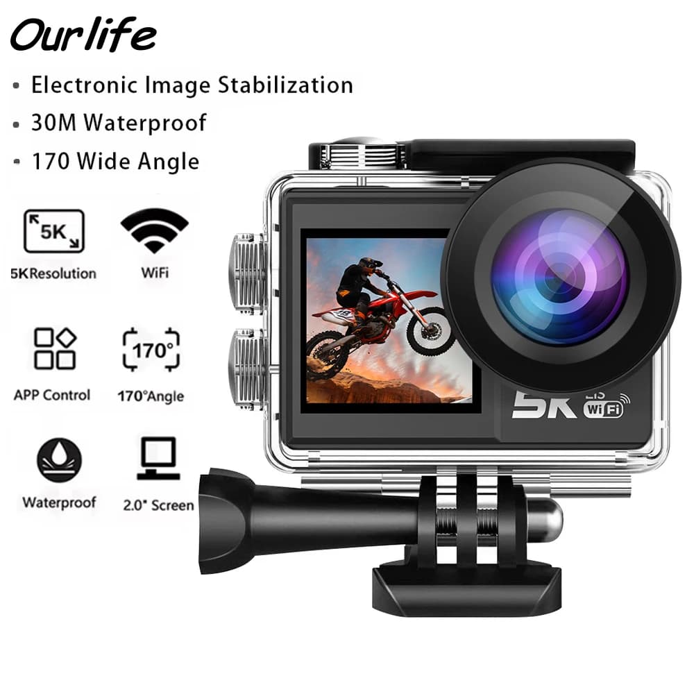 Ourlife MTR41 Action Camera 5K 4K60FPS 5X Zoom 170 ° 30M impermeabile 2.0" IPS Touch LCD EIS WiFi Sport Camera con telecomando