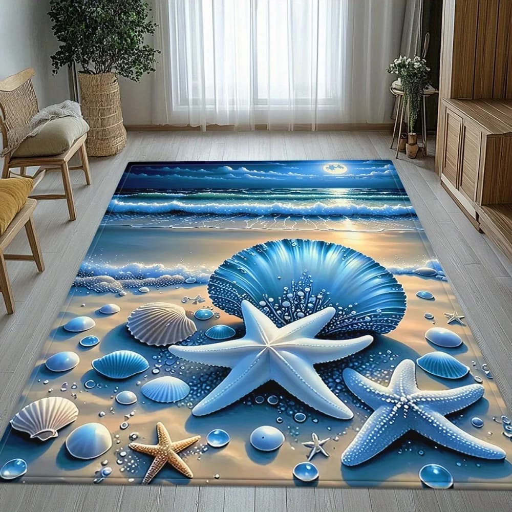 HD Seashells Beach Printed Carpet for Bedroom Living Room Camping Picnic Soft Non-Slip Washable Bathroom Mat Home Decoration