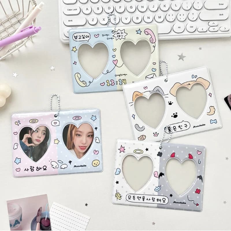 Portachiavi Originale Carino da 3 Pollici per CP Card, Porta Foto a Cuore a Doppia Griglia, Cornice per Foto di Idoli, Custodia in PVC per Photocard