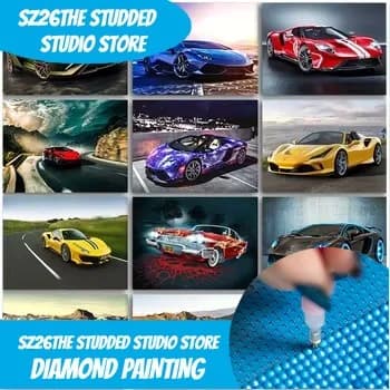 Kit Pittura Diamante 5D Fai da Te Sz26 The Studded Ferrari Lamborghini, Auto Sportiva Cartoon, Ricamo Rotondo Completo, Mosaico, Punto Croce