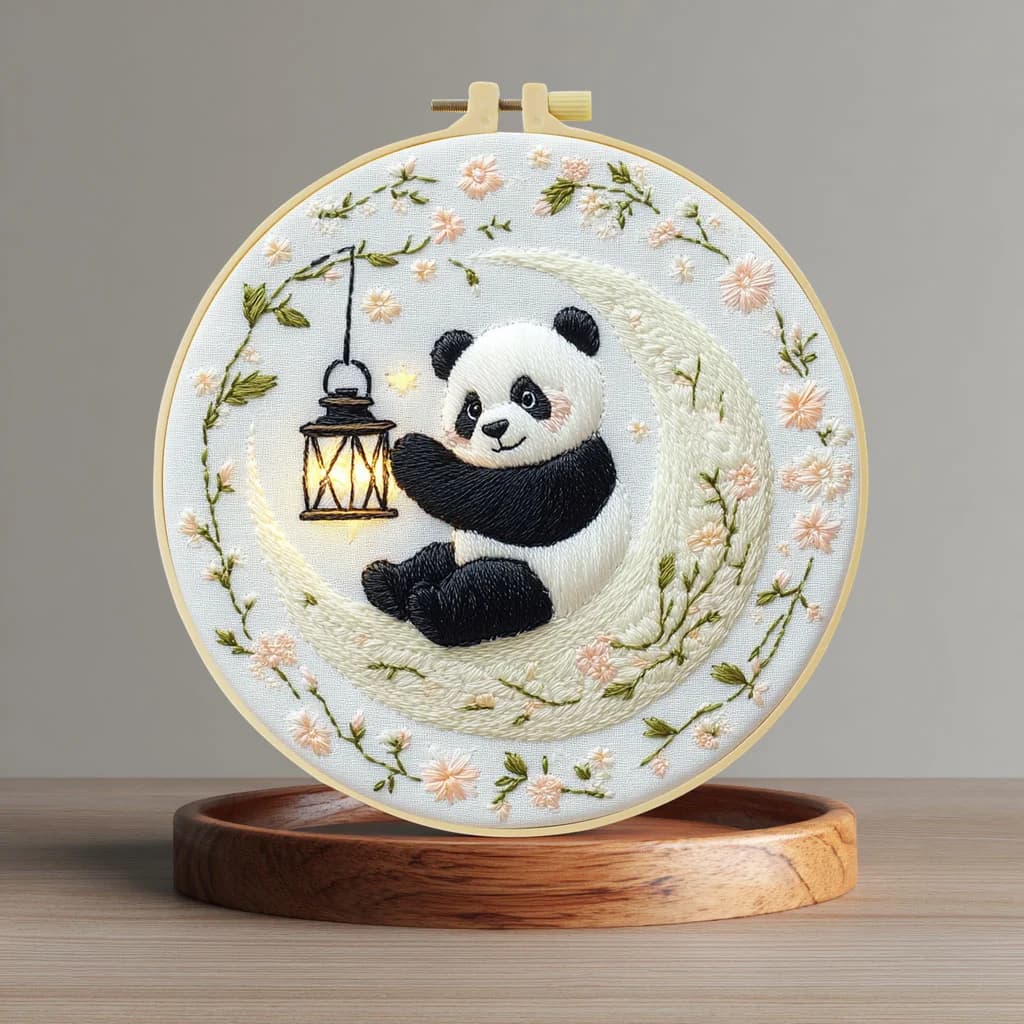 Kit per Principianti di Ricamo Luna e Panda 20X20CM/15X15CM, Arte del Punto Croce Fai-da-Te per Regalo