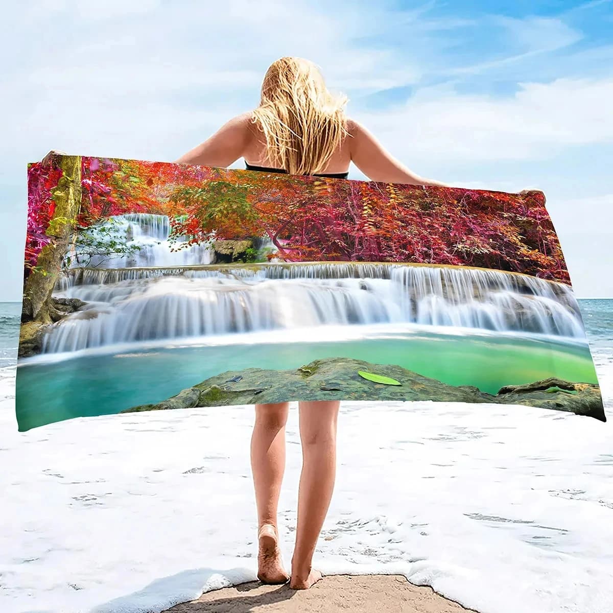 Waterfall Beach Towel Bath Towel with Natural Landscape Fast Towel Camping Travel Sport Spa Pool Towels Yoga Mat for Picnic