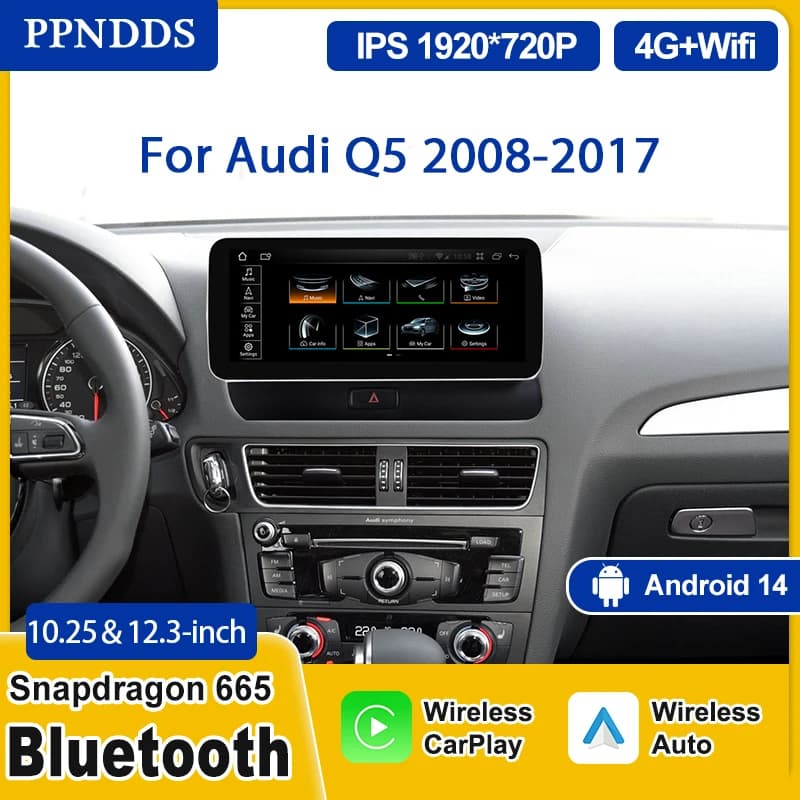 Monitor Android 14 PPNDDS con Carplay per Audi Q5 8R 2008-2017, Schermo Touch, Radio Auto con Bluetooth, WiFi, 4G, GPS e Sistemi Intelligenti