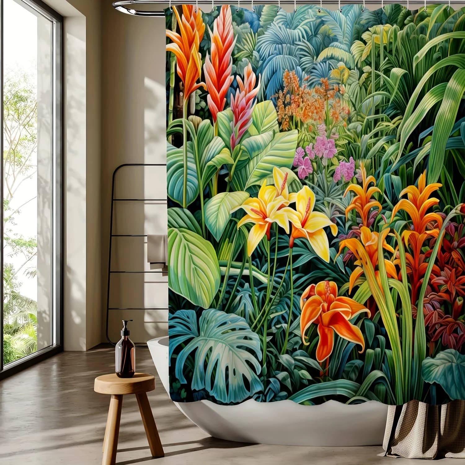 Tenda da doccia con stampa digitale della foresta tropicale, ganci gratuiti, lavabile in lavatrice, poliestere jacquard, arredamento per il bagno per tutte le stagioni