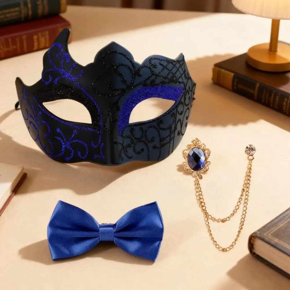 3 piece set Half Face Dance Mask Brooch Set Painted Party Cosplay Masquerade Prom Mask Gentleman Glossy Mask Bow Tie Set