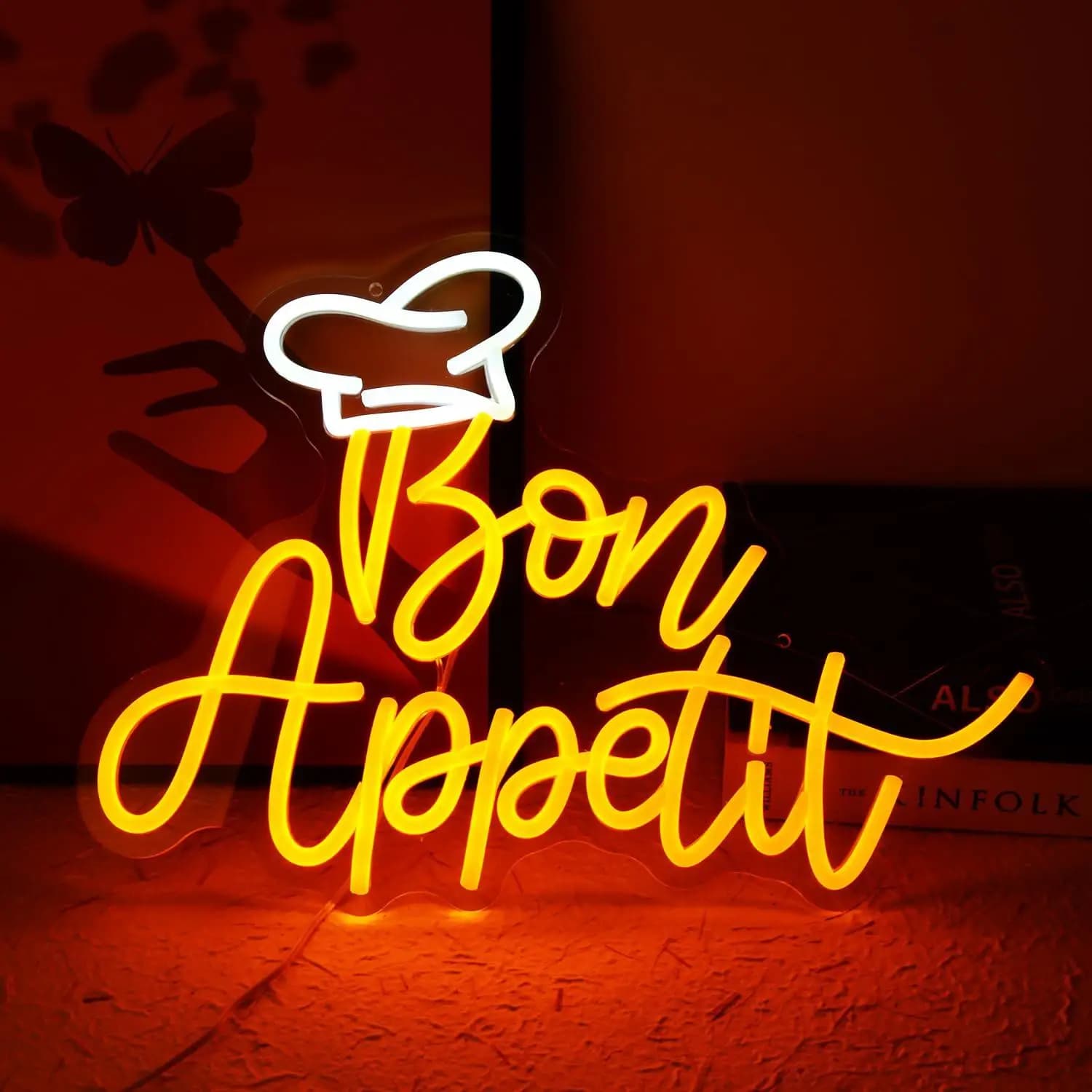 Insegna al Neon 'Bon Appetit' con Cappello da Chef, Luce LED Dimmerabile per Decorazione Murale, Ristorante, Cucina, Caffè, Sala da Pranzo, Casa, Festa, Decorazione Artistica