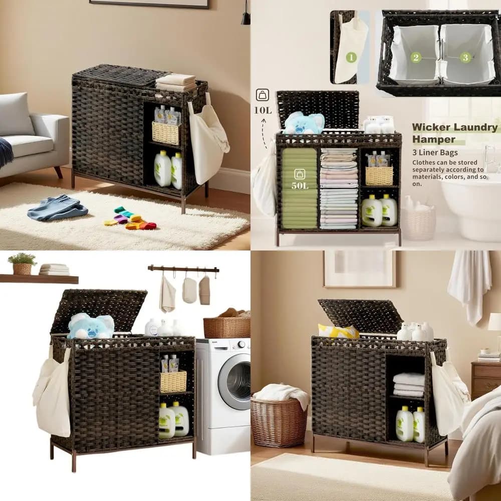 Basket for Bucato in Rattan double compartment 110L with 50L shelf, 3 inner bags, Brown