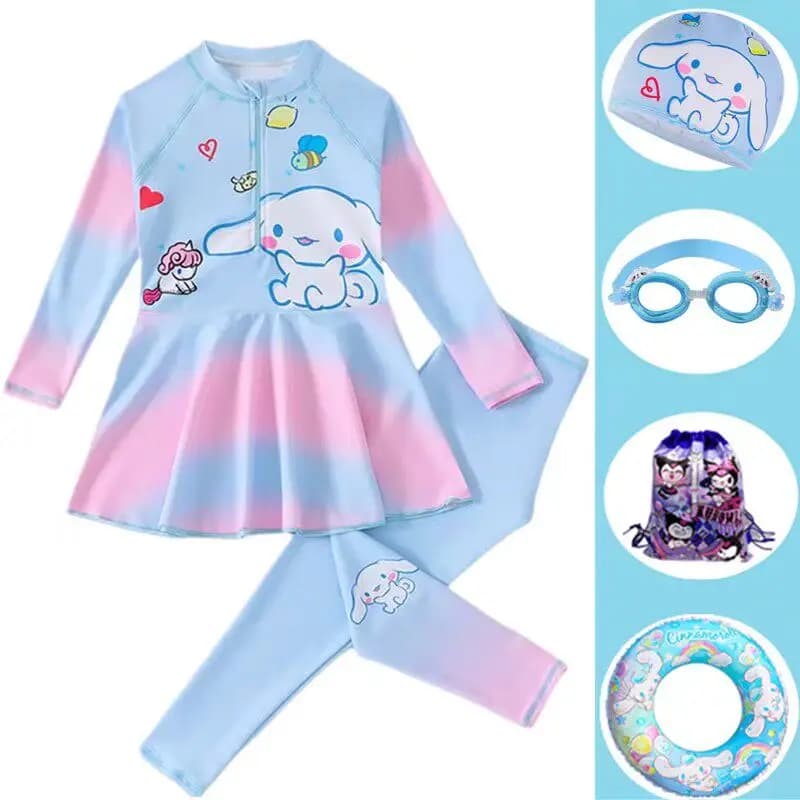 Costume da bagno due pezzi Kuromi per ragazze, con protezione solare, ad asciugatura rapida, stile gonna + Cuffia da nuoto + Occhialini da nuoto + Zaino + Cerchio da nuoto