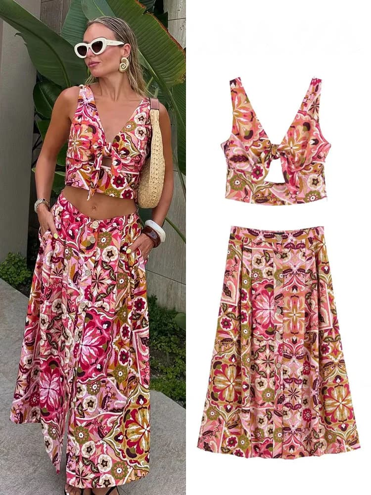 HH Set gonna stampata da donna con scollo a V aperto senza maniche Decorazione con nodo Top corto + Gonna longuette con tasche a vita alta alla moda