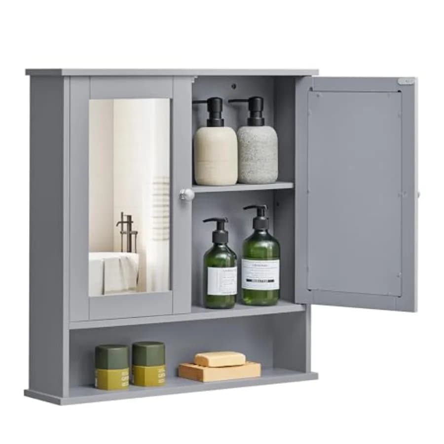 Mobiletto da bagno a parete con specchio, dotato di due ante a specchio, ripiano regolabile e vano aperto, ideale per spazi piccoli e medi.