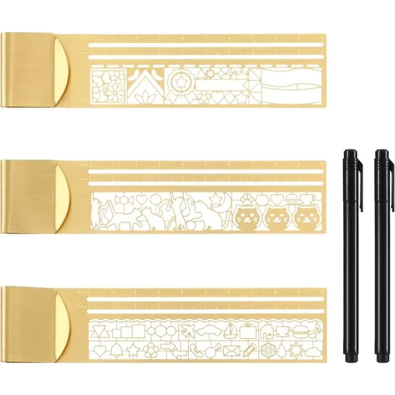 Set di 3 Clip per Righello in Ottone con 2 Penne a Punta Fine e 3 Stencil per Planner e Quaderni Decorativi