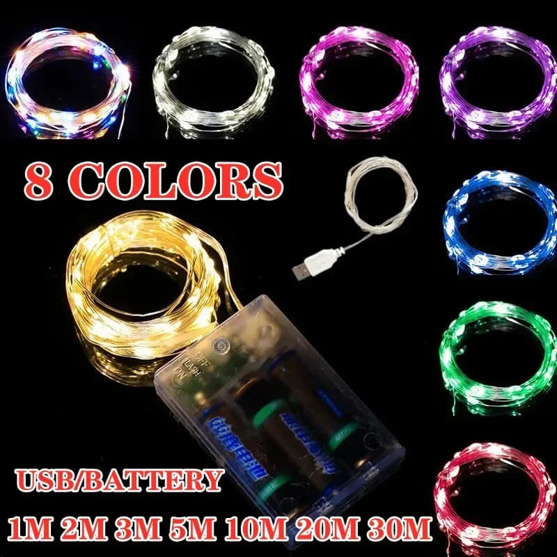 1m-30M USB Batteria Luci a LED Stringa di rame Filo d'argento Ghirlanda Luce Fata Luci per la decorazione della festa nuziale di Natale Corona